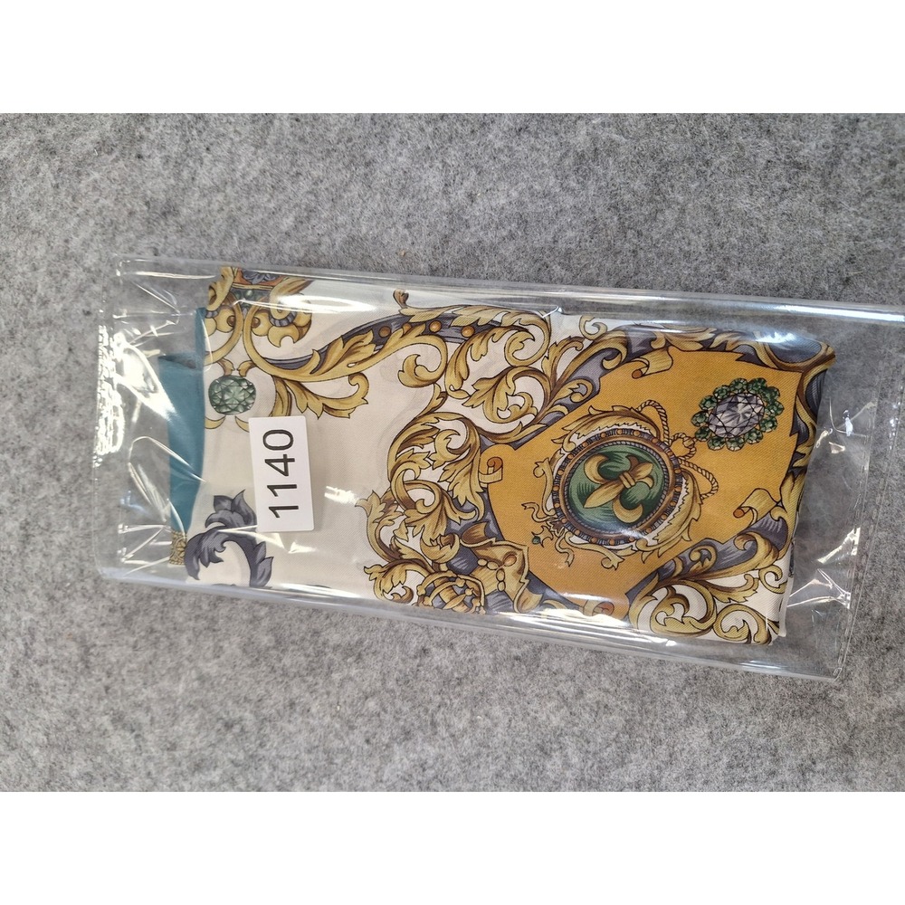 Vintage 100% Silk Square Scarf Teal Gold Crown Fleur-de-Lis Baroque 30x30 - Picture 7 of 7
